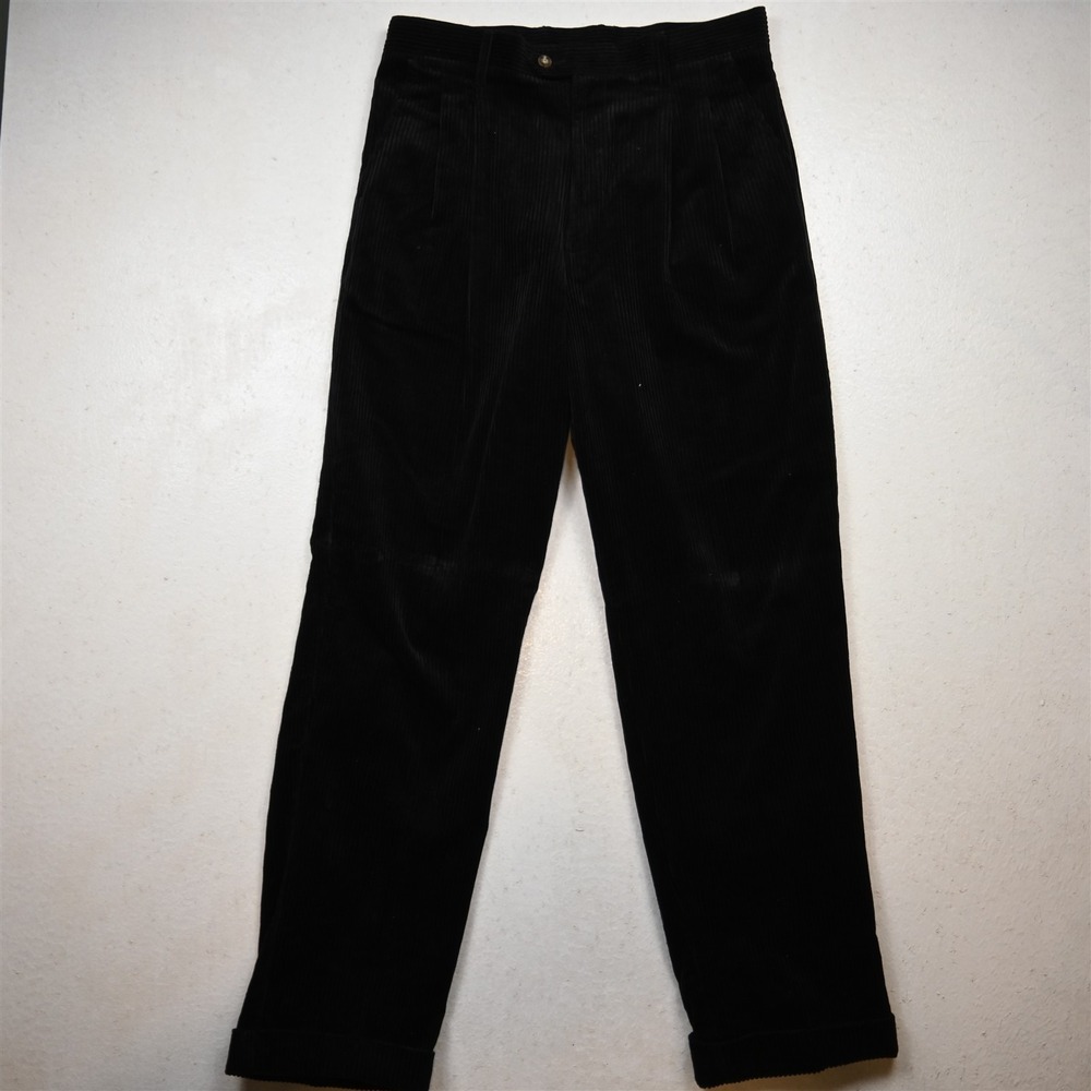Vtg Y2K 2000s 33x32 Black Wide Wale Corduroy High Waist Pleated Cuffed Pants